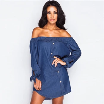 

2019 Summer Casual Sexy Women's Slash Nack Button Pocket Denim Casual Party Elegant Dress Vestidos Beach Dress Long Sleeve Bow