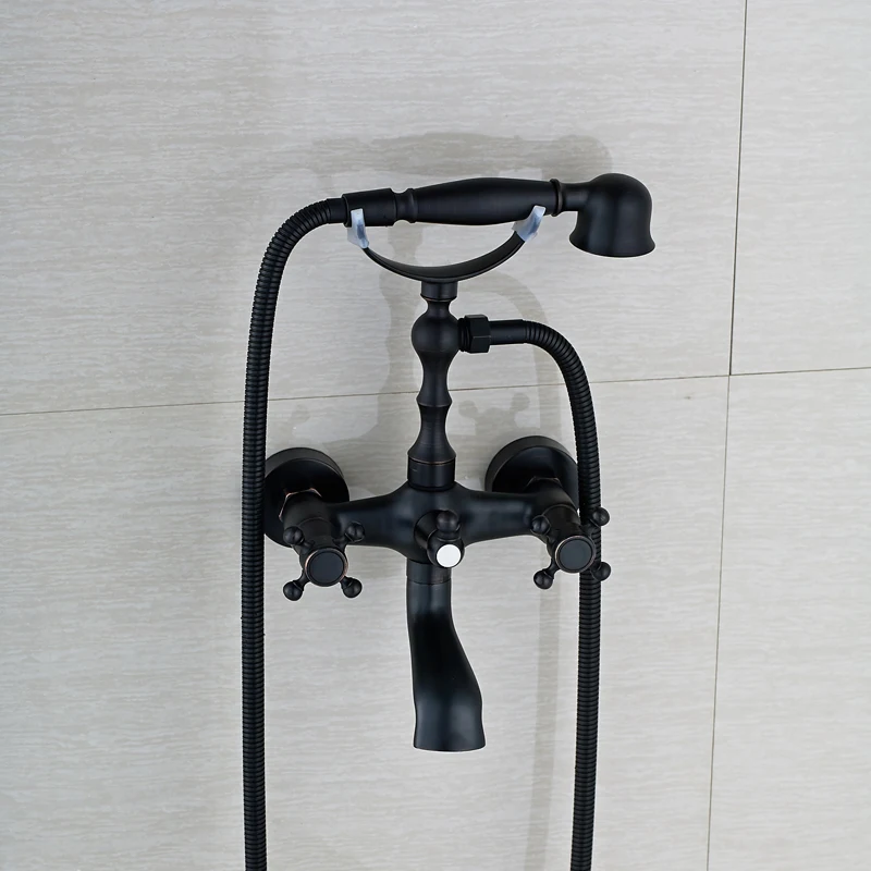 Oil Rubbed Bronze Telephone Style Bathtub Faucet Dual Cross Handles Tub Sink Mixer Taps with Swivel Tub Filler + Hand Shower Oil Rubbed Bronze Telephone Style Bathtub Faucet Dual Cross Handles Tub Sink Mixer Taps with Swivel Tub Filler + Hand Shower