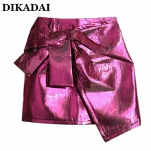 mini skirt Women Solid Sliver Rose Red color Fashion High Waist irregular Skirts With Bow Tie Casual Sexy Runway Steet Wear