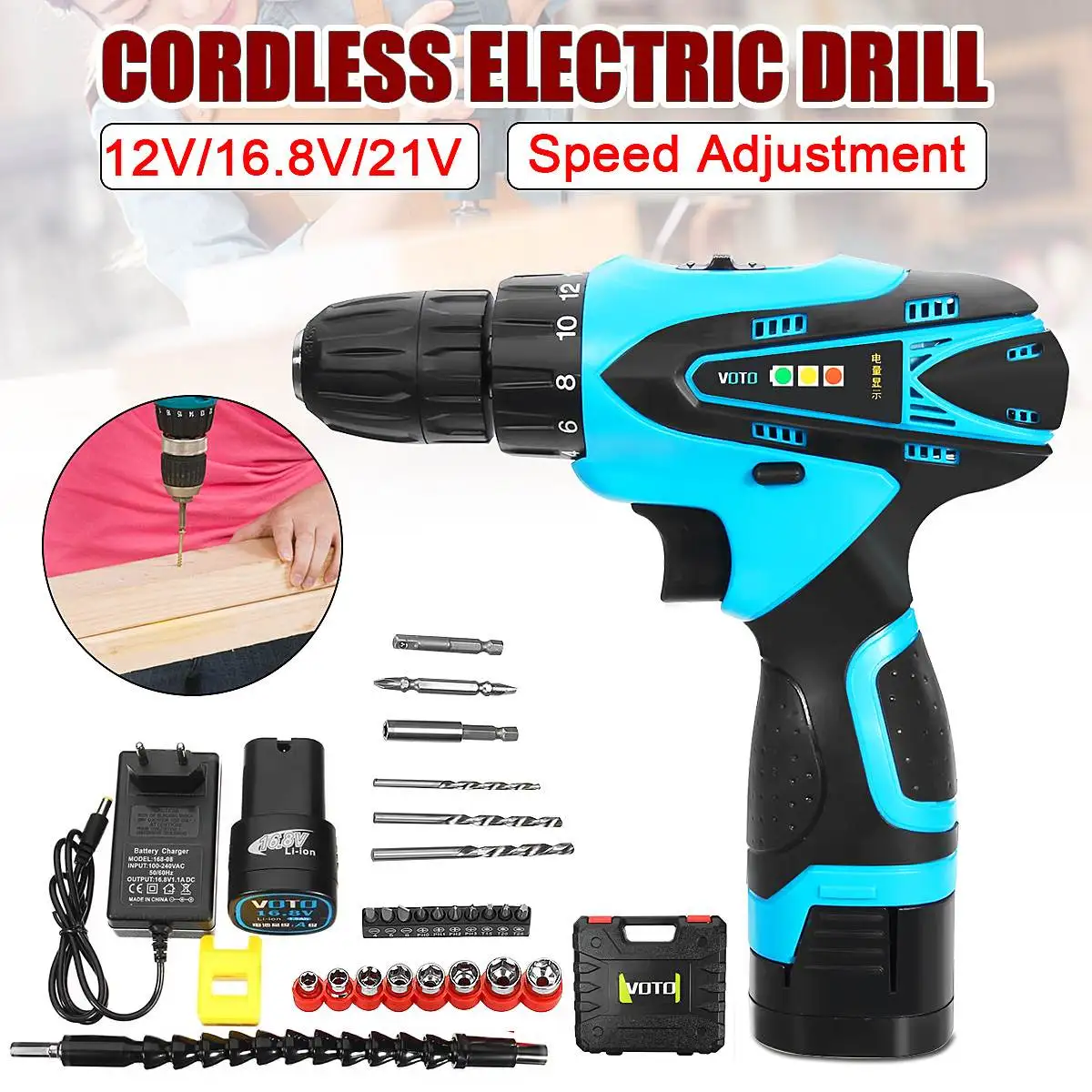 

Doersupp 16.8V EU Plug Cordless Screwdriver Full Copper Two-speed Adjustment Button18 Gear Torque Tighten Loosen Screws Punching