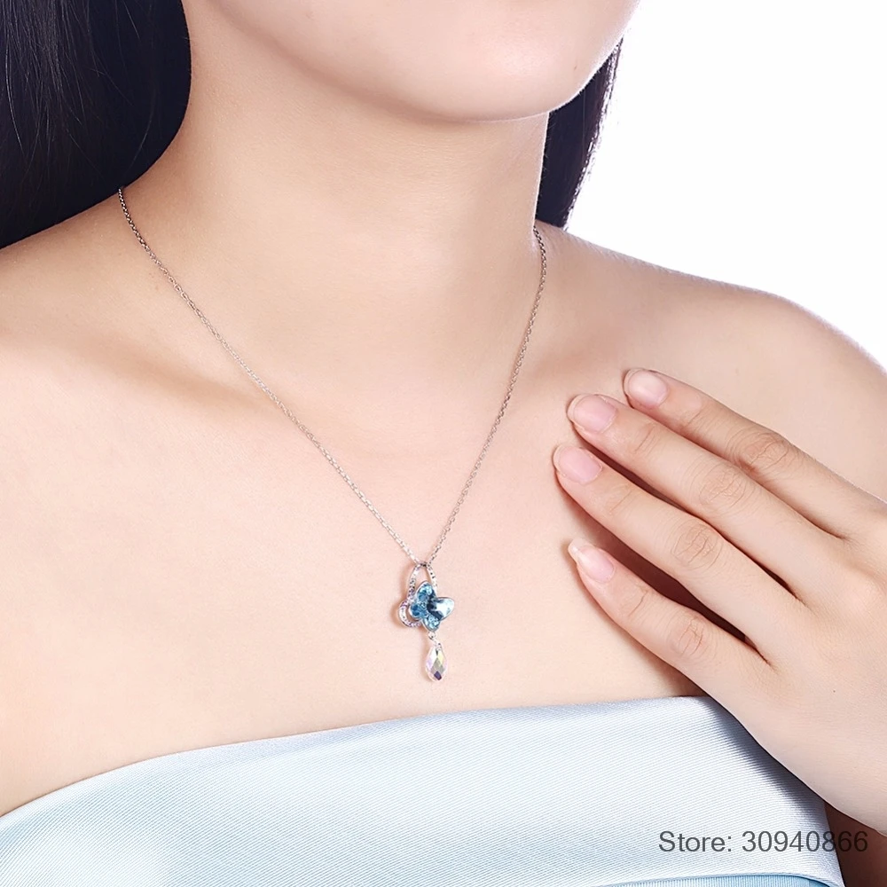SMTCAT Crystals from Necklace Women Pendant S925 Sterling Silver Jewelry Blue Pink Butterfly Austrian Rhinestone New