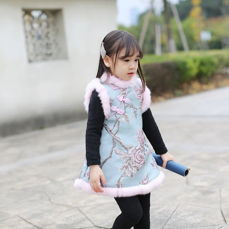 DFXD/зимнее теплое платье Ципао без рукавов для девочек Хлопковое платье принцессы с объемной цветочной вышивкой на подкладке для детей от 2 до 8 лет