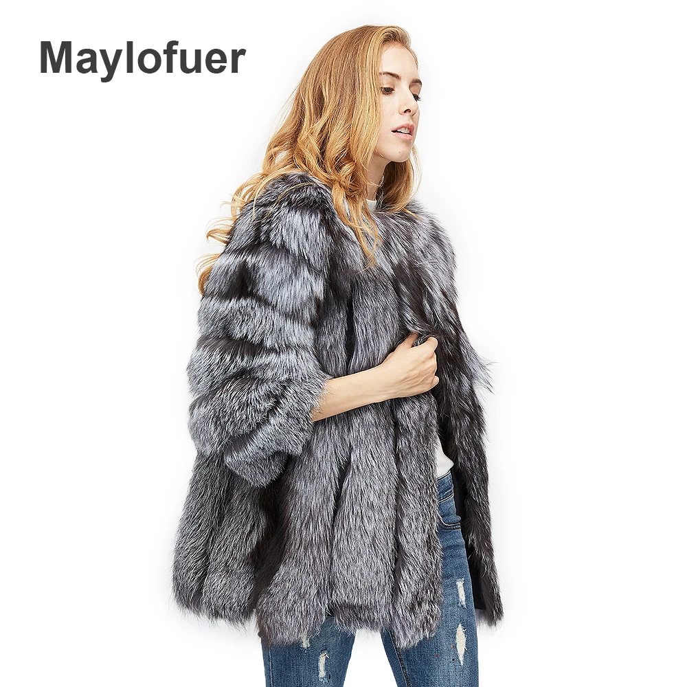 

Maylofuer Genuine Natural Silver Fox Fur Coat High Quality Women Winter Warm Real Fur Jackets O-neck Coats Strip Pattern