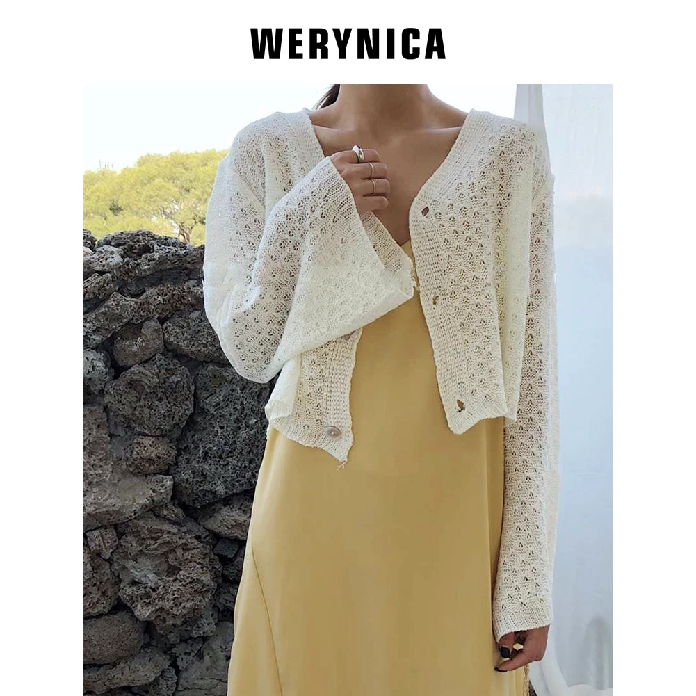 

Werynica Women's Cardigan Knitted Long Flare Sleeve Crochet Female Cardigan With Ice thin Buttons Short Sweater Women Cardigans