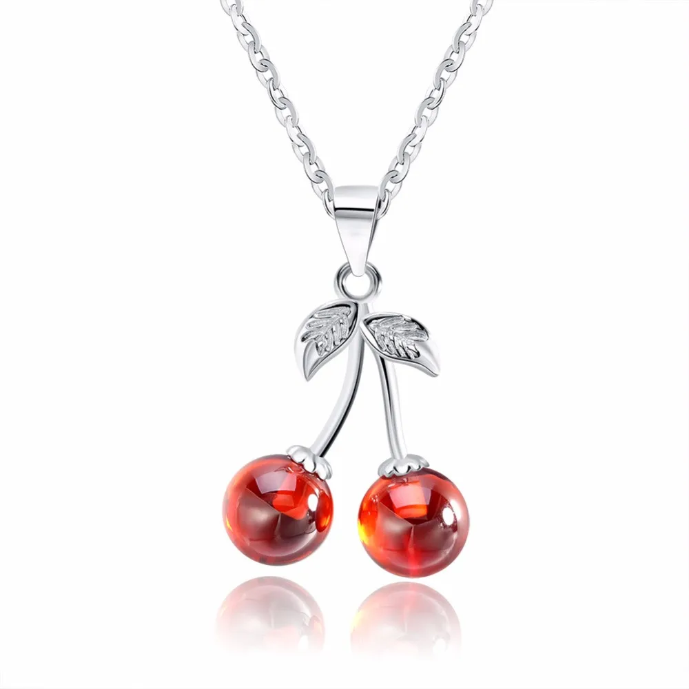 Fashion 925 Sterling Silver Necklaces with Red CZ Stone Cherry Pendant