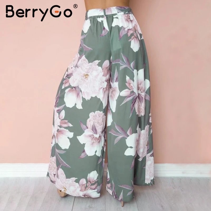 BerryGo Sash свободные с принтом широкие брюки женские эластичные с цветочным принтом boho повседневные брюки женские летние пляжные брюки с высокой талией