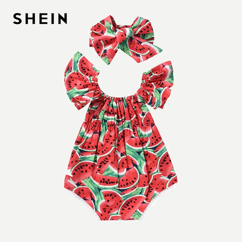 SHEIN Ruffle Boat Neck Headband Cotton Watermelon Print Beach Romper 2019 Spring Korean Fashion Cap Sleeve Kids Girls Bodysuit цена SHEIN Ruffle Boat Neck Headband Cotton Watermelon Print Beach Romper 2019 Spring Korean Fashion Cap Sleeve Kids Girls Bodysuit цены онлайн