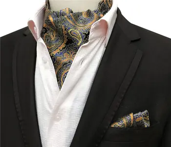 

2 Pcs/Set Fashion Men Cravat Set Golden Blue Paisley Pattern Neckerchief with Pocket Square