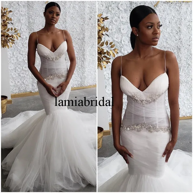 $US $169.60 Sexy Plus Size Mermaid Wedding Dresses 2019 Spaghetti Straps Crystals Beaded White Tulle African Vestido De Novia Bridal Gowns