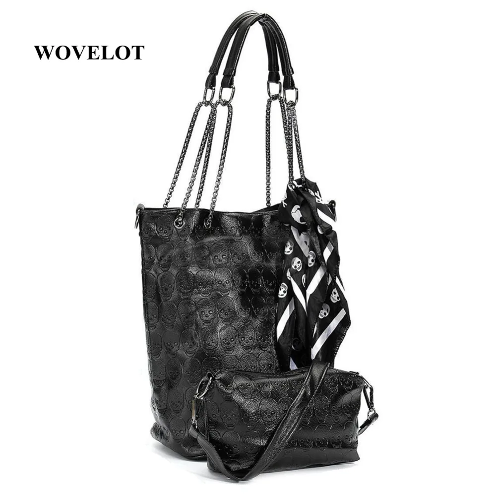 FGGS-2 Pcs/مجموعة الأزياء الجمجمة المرأة حقيبة يد حقيبة كتف محفظة حمل جلدية Crossbody حقيبة مع الحرير الإناث أسود حقائب