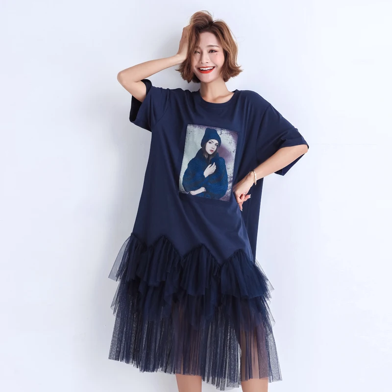 

2019 New Blue Tulle dresses Summer fashion Cotton Potrait Appliques Dress women chic dresses Perspective Vestidos party LT452S50