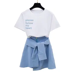 Новые летние корейские модные костюмы футболка с буквенным принтом Необычные Юбки с буквенным принтом два предмета женская одежда хлопок