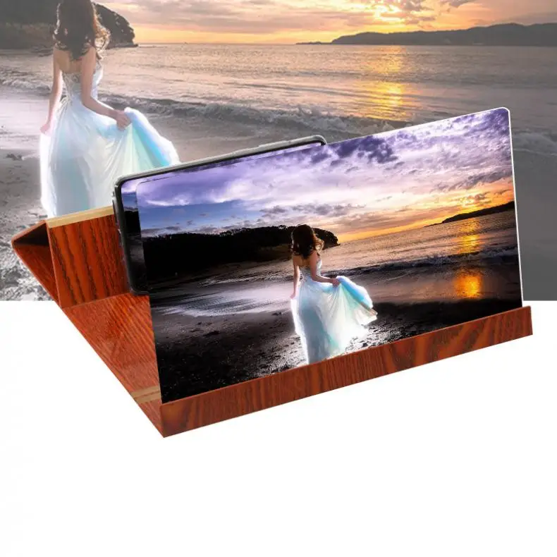 

4X 12 Inch Practical Brownish Wood Grain PMMA + Fiberboard 3D Video Mobile Phone Screen Magnifier with Mobile Phone Bracket