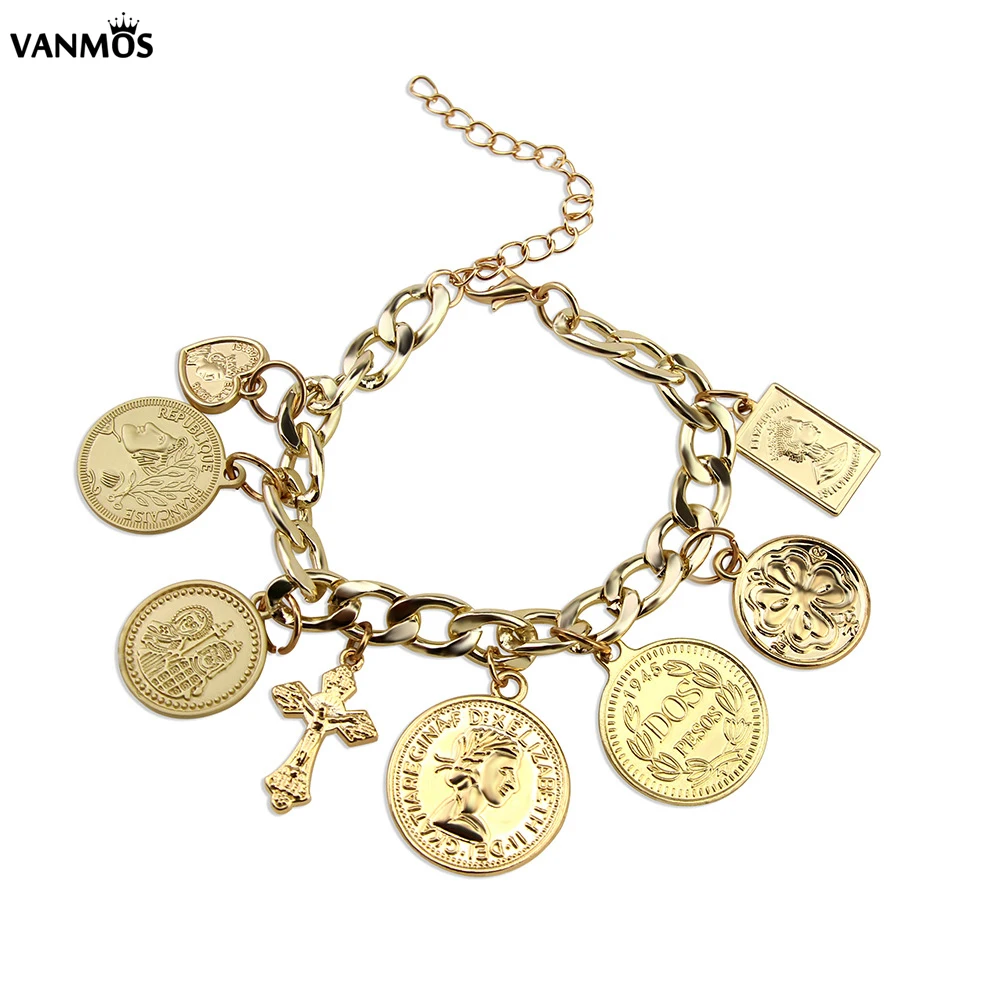 

Vanmos Vintage Christian Virgin Mary Cross Heart Carved Coins Pendant Bracelets for Women Girls Charm Bangles Jewelry Party Gift