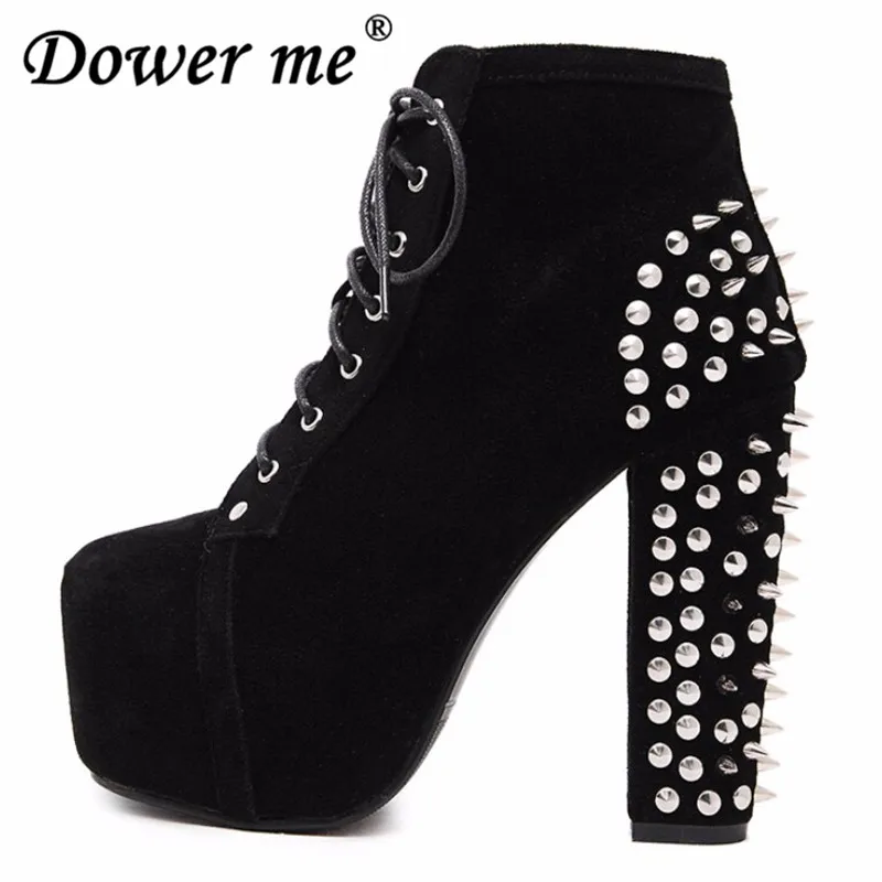 

2018 Plus Size High Heels Shoes Women Punk Boots Spikes Ankle Boots Rivet Bota Women Platform Booties Lace Up woman Shoes black