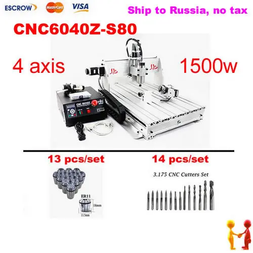 

Ship to Russia,NO TAX! CNC 6040Z-S80 4 axis 1.5KW spindle for CNC router.CNC6040 engraving machine with tool bits, collets