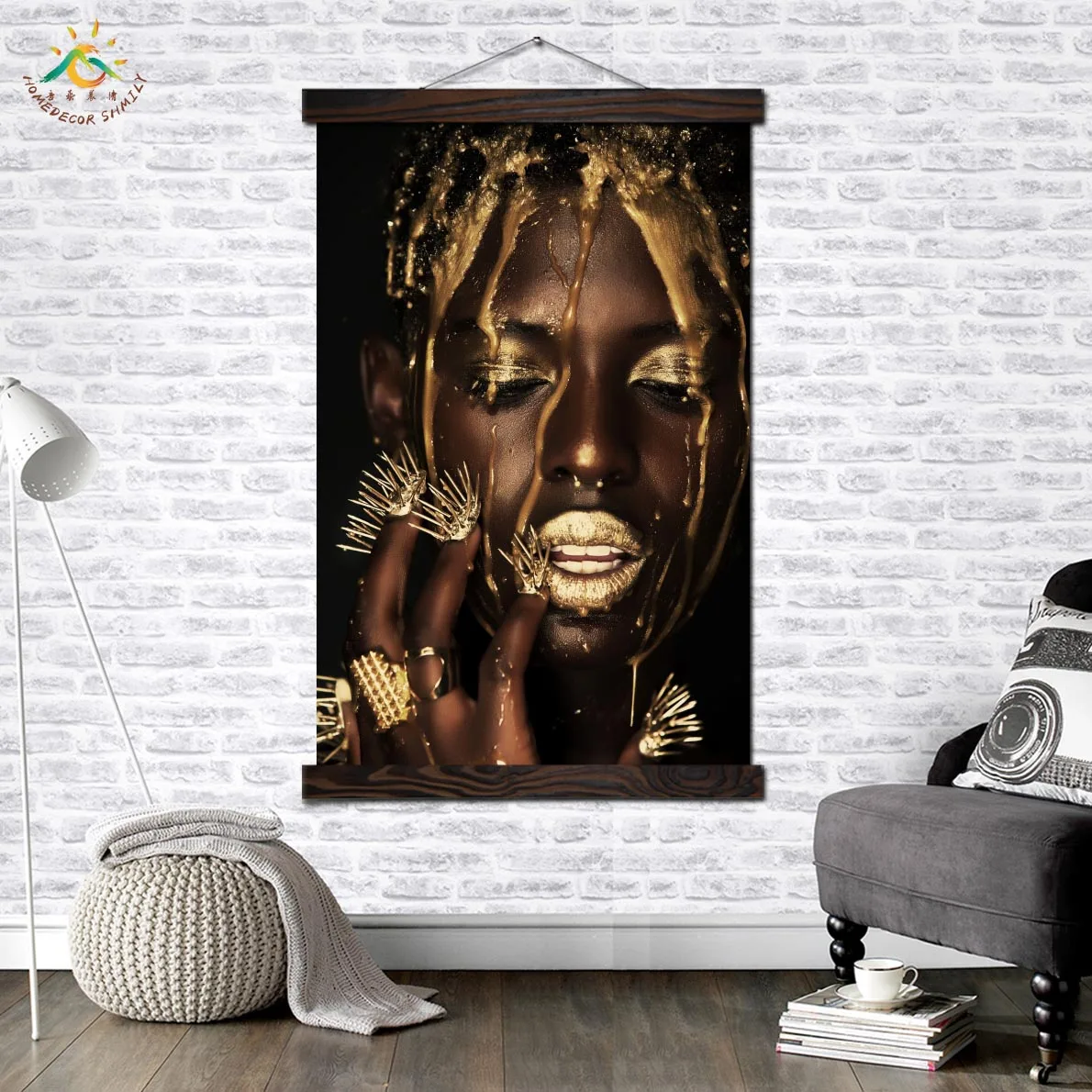 

Black Women in Gold Modern Wall Art Print Pop Art Picture And Poster Solid Wood Hanging Scroll Canvas Painting Home Decor