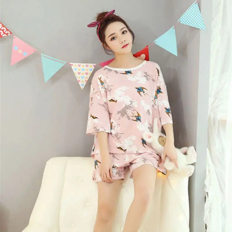 

Pajama Set Women Summer Short Sleeve Thin Print Milk silk Sleepwear Girl Pijamas Home Nightgown NN2
