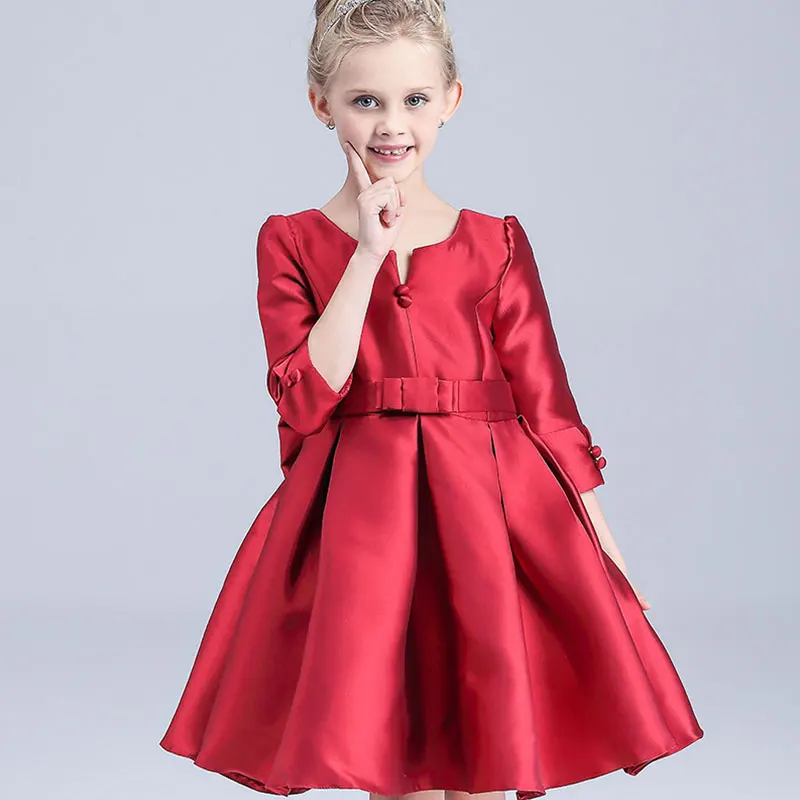 2016 Fashion Summer Satin Bow Vintage princess dress Baby Girls Red Party Formal Dresses Kids Children
