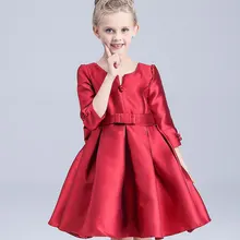 2016 Fashion Summer Satin Bow Vintage princess dress Baby Girls Red Party Formal Dresses Kids Children