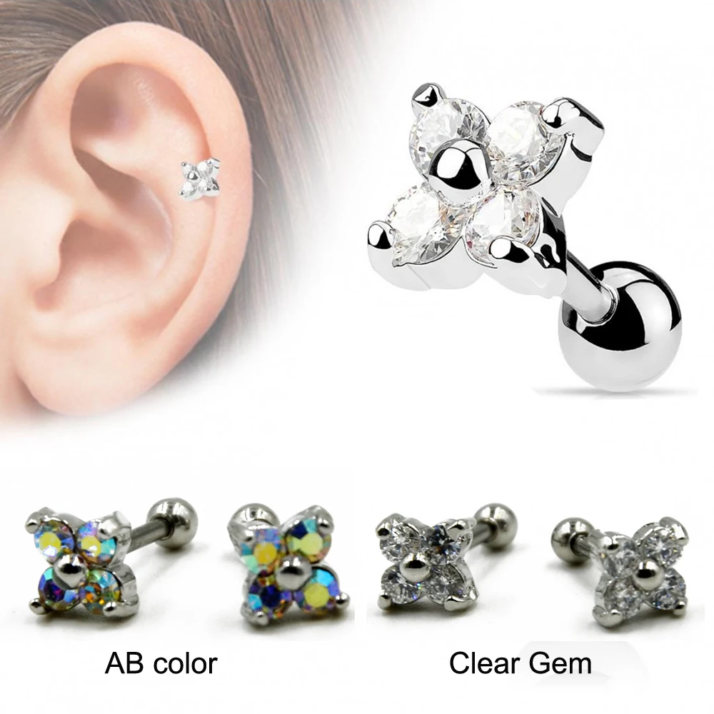 16G CZ Flower Gorgeous Stud Lobe Helix Tragus Ear Piercing Barbell Bar Earring