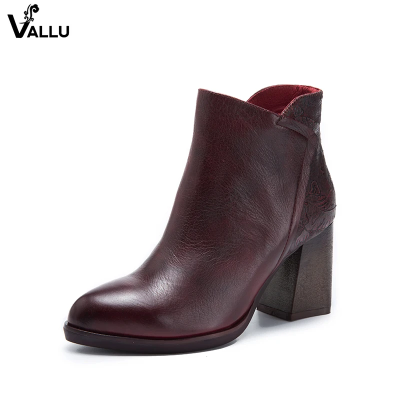 

VALLU Brand Pointed Toe Ankle Booties Lady Latest Design Autumn Natural Leather Women's Short Boots High Heel Female Shoes