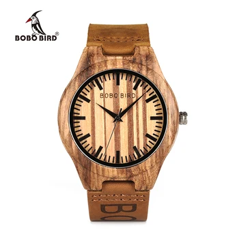 

BOBOBIRD Mens Wooden Wristwatch Causal Quartz Watch with Branded Brown Leather in Gift Box
