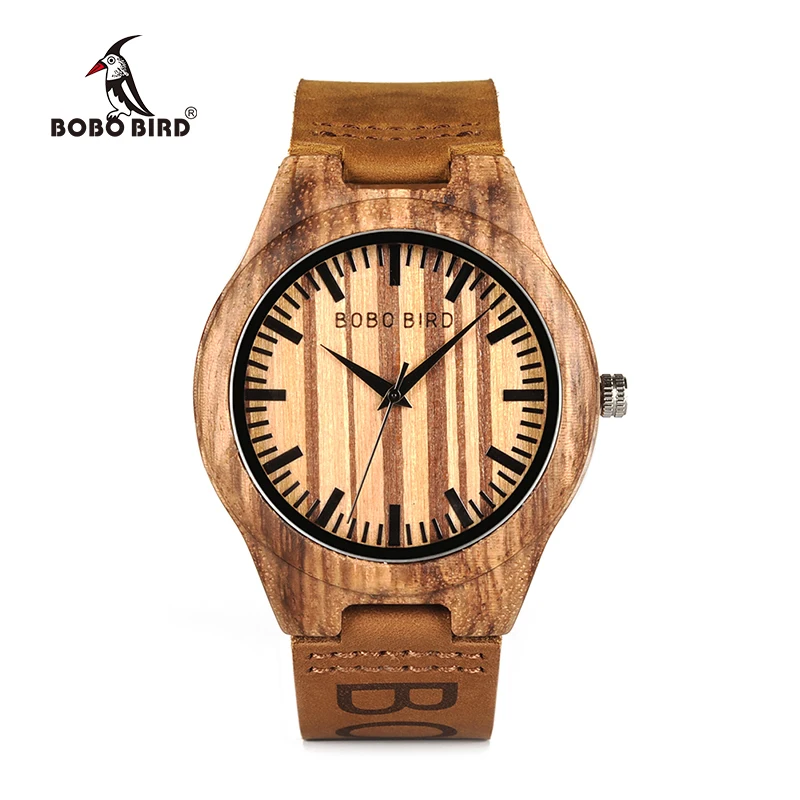 BOBOBIRD Mens Wooden Wristwatch Causal Quartz Watch with Branded Brown Leather in Gift Box