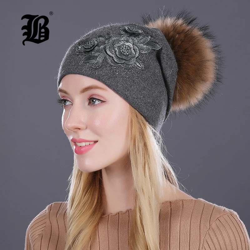 

[FLB] Winter fur pompom hats for women cashmere wool cotton hat Big Real Raccoon fur pompom Beanies cap Fox fur Winter hat