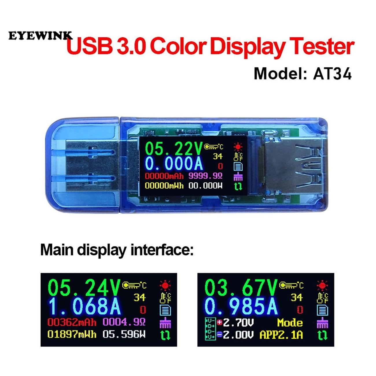 AT34 USB 3 0 цветной ЖК Вольтметр Амперметр измеритель напряжения тока мультиметр