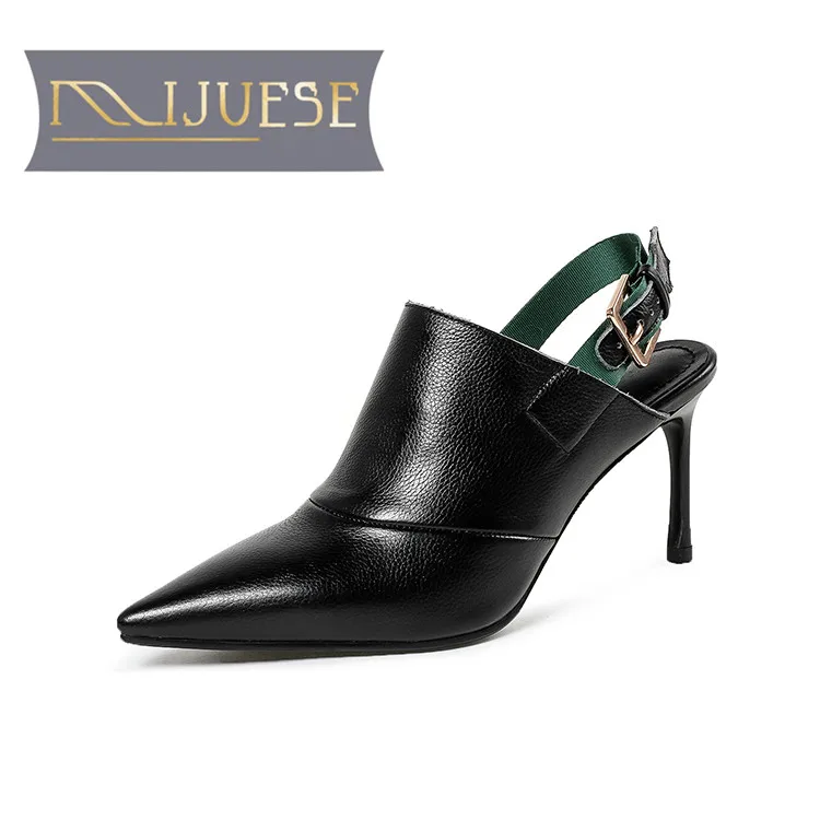 

MLJUESE 2018 new pumps buckle strap Genuine leather Black color spike heels cow leather sheepskin cover heel sandals