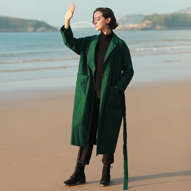 

IRINAW137 New Arrival Autumn 2018 notched collar with belt single button oversized long green trench coat women