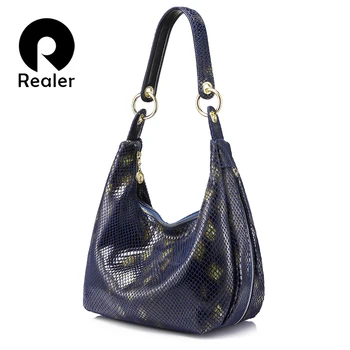 

REALER brand women genuine leather handbag female shoulder bag with serpentine prints ladies crossbody bag hobos high quality