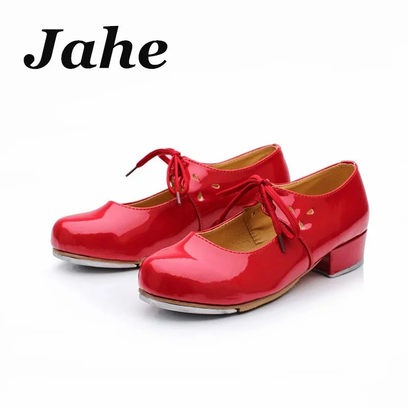 Girls Childrens Tap Dance Shoes Shiny Patent PU Leather Laced Kids Tap