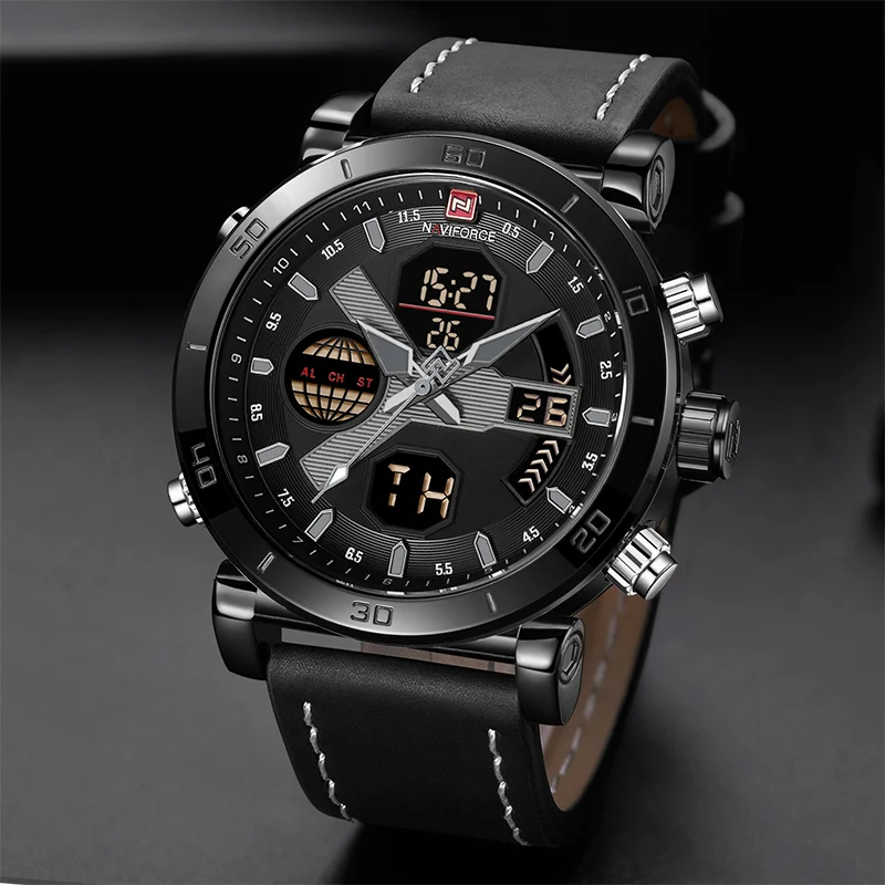 NAVIFORCE TOP Luxury Brand Sport Watches Men Leather Waterproof Army Military Digital Quartz Analog Wrist Watch Man Clock 