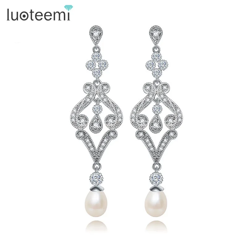 

LUOTEEMI New Statement Long Drop Earrings White Gold-Color Clear Cubic Zircon Crystal Natural Pearl Pendant Brincos for Women