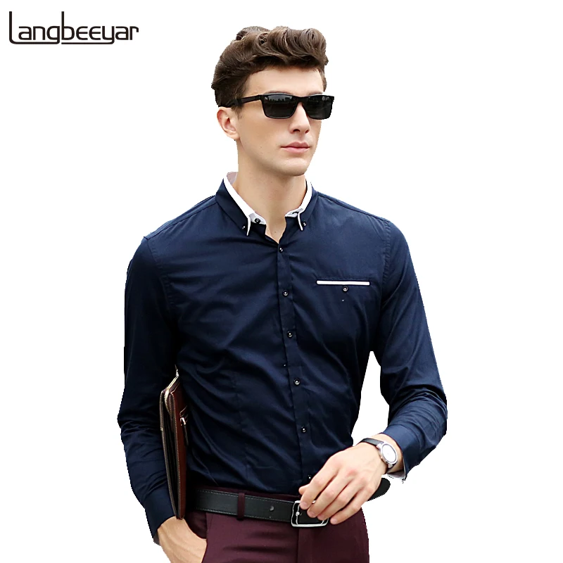 2016 Fashion Men Clothes Square Collar Casual Men Shirts Long Sleeve Slim Fit Man Shirts High Quality Cotton Mens Dress Shirts