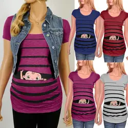 Женская блузка для беременных Милая Забавная детская футболка в полоску с короткими рукавами Топы для беременных
