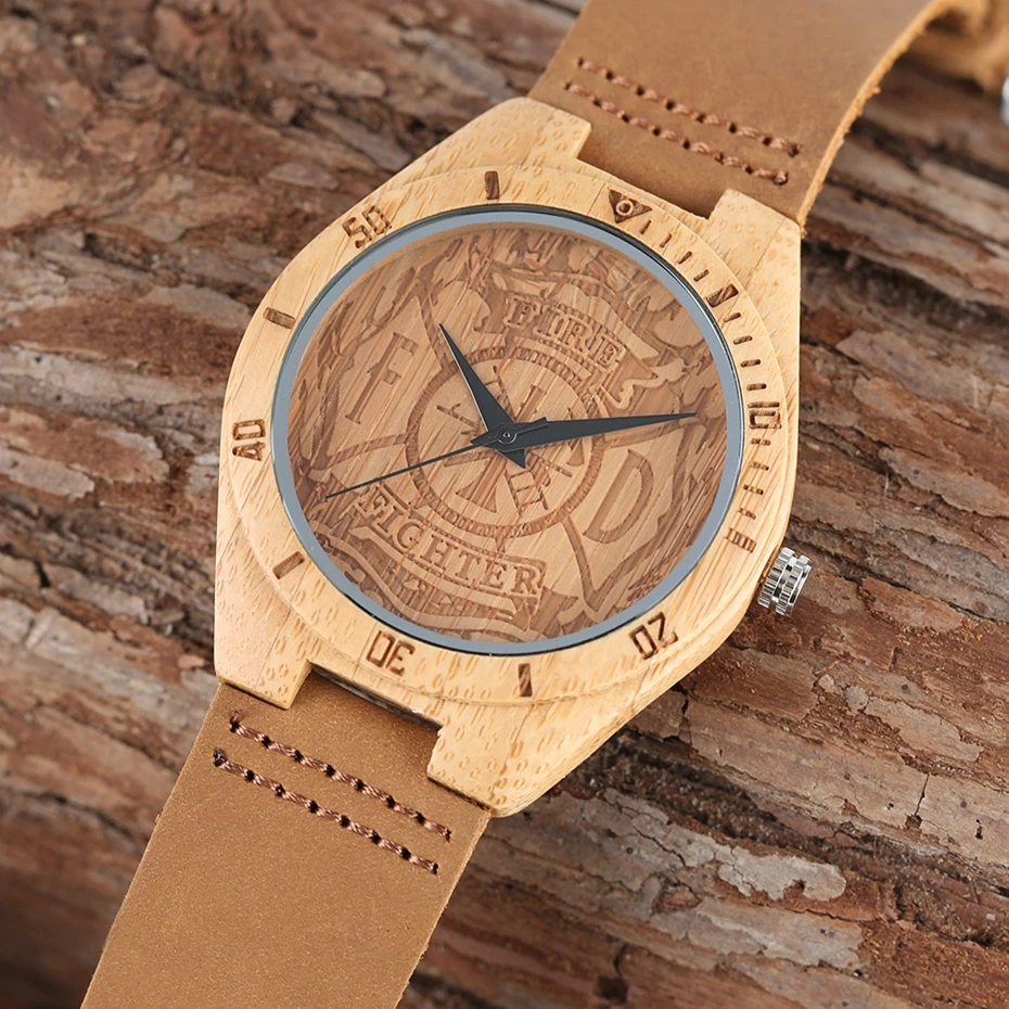 Luxury Handicrafts Gifts Engraving Firefighter Dial Light Bamboo Quartz Wooden Watch Mens Sports Genuine Leather Male Hour Clock 2018 (2)