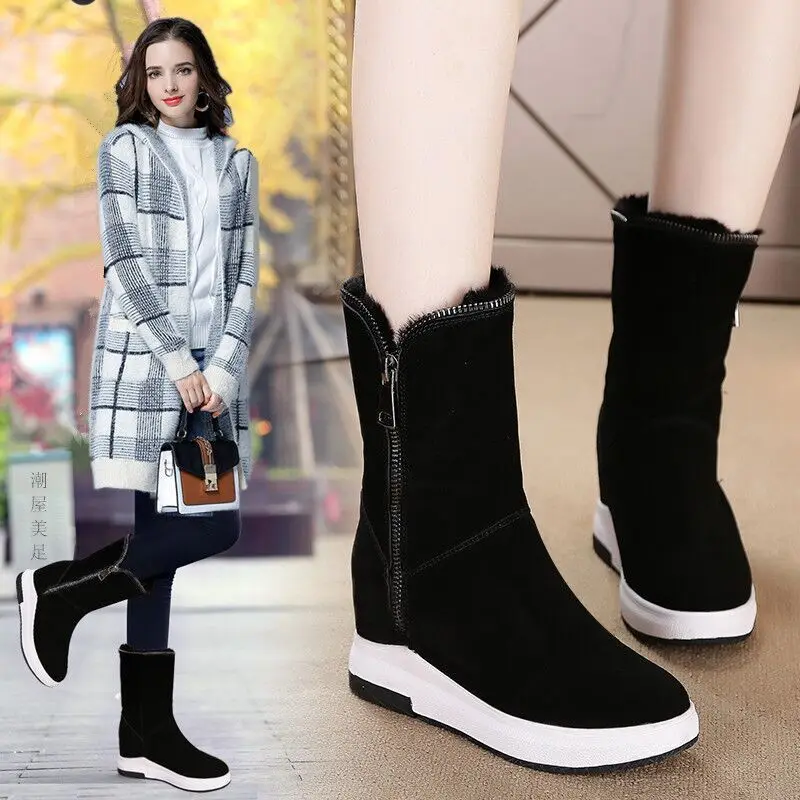 Botas de gamuza para mujer Invierno Elegante Cuero negro 38 Botas Flock Martin Cremallera para mujer Moda Recorte de tobillo bajo Punta redonda Botas de cuero de tobillo Martin Shoes