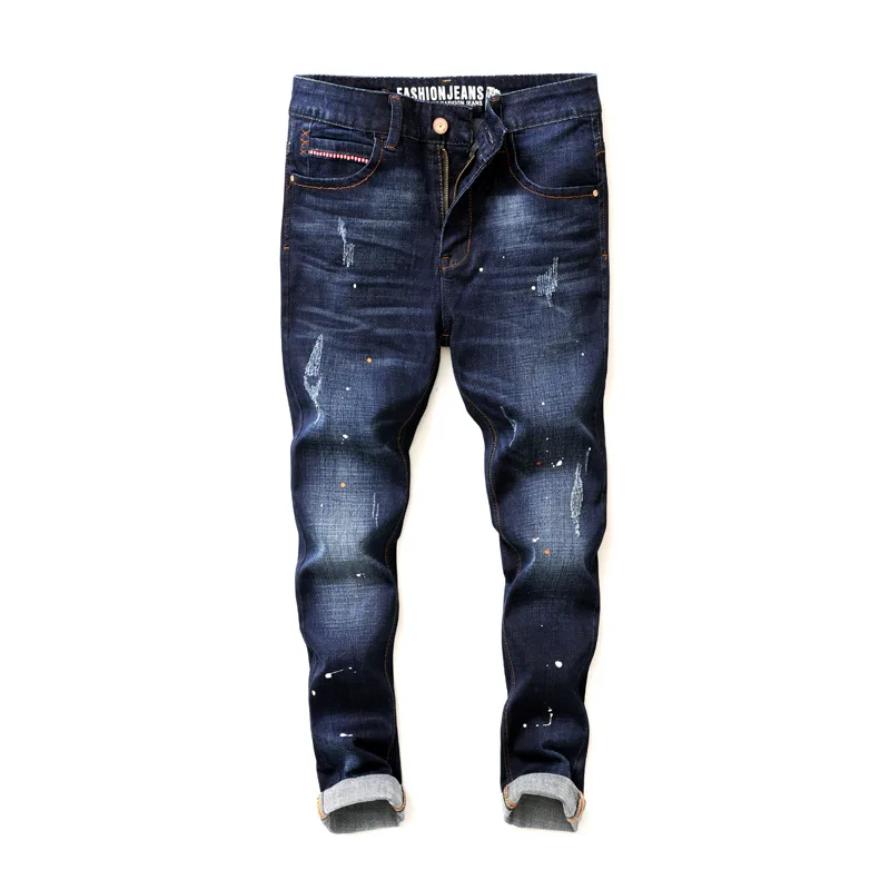 Men Jeans Slim Stretch Washed Retro Pleated Men Denim Jeans Skinny