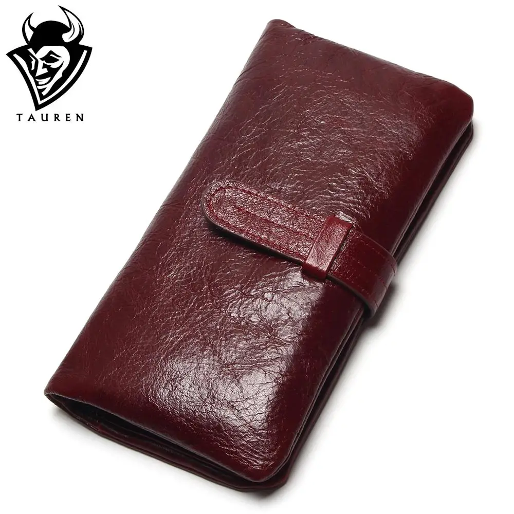 Women Dark Red Color Wallet 100 Top Genuine Oil Wax Cowhide Leather Long Bifold Wallets Purse
