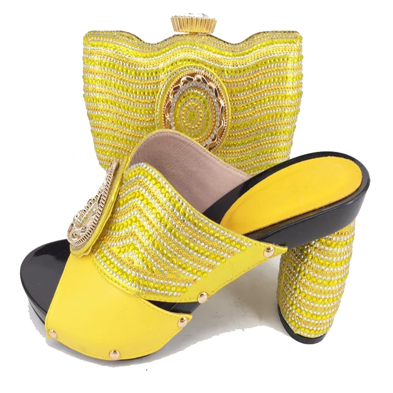 

Yellow with many rhinestones italian new design 2018 shoes and bag matching set for african aso ebi party SB8157-2