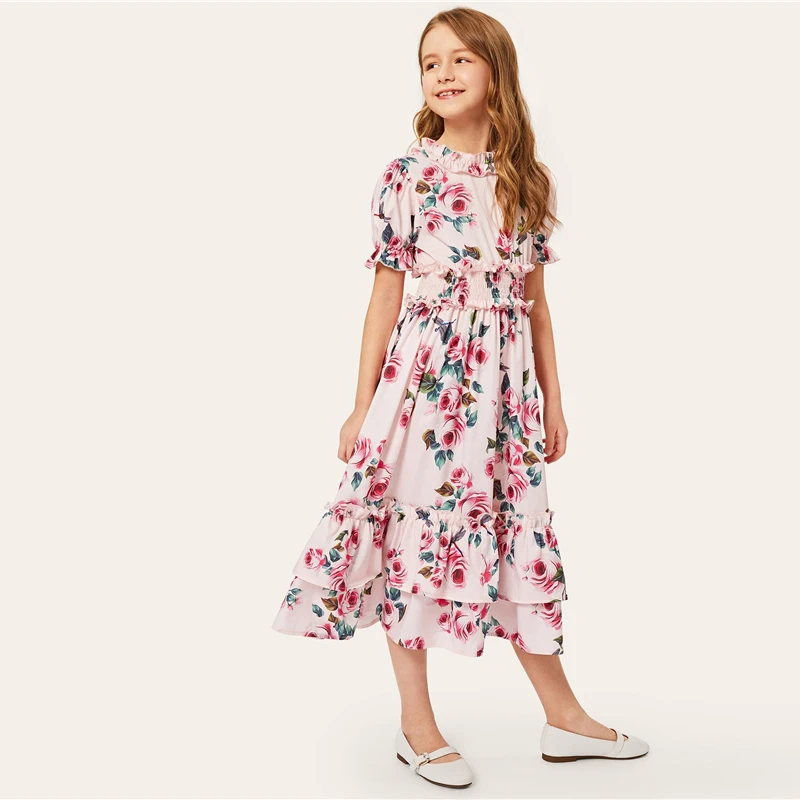SHEIN/Детское платье розового цвета с цветочным принтом, многослойное платье-рубашка в стиле бохо для девочек, летнее праздничное платье с пышными рукавами и рюшами, милые платья средней длины