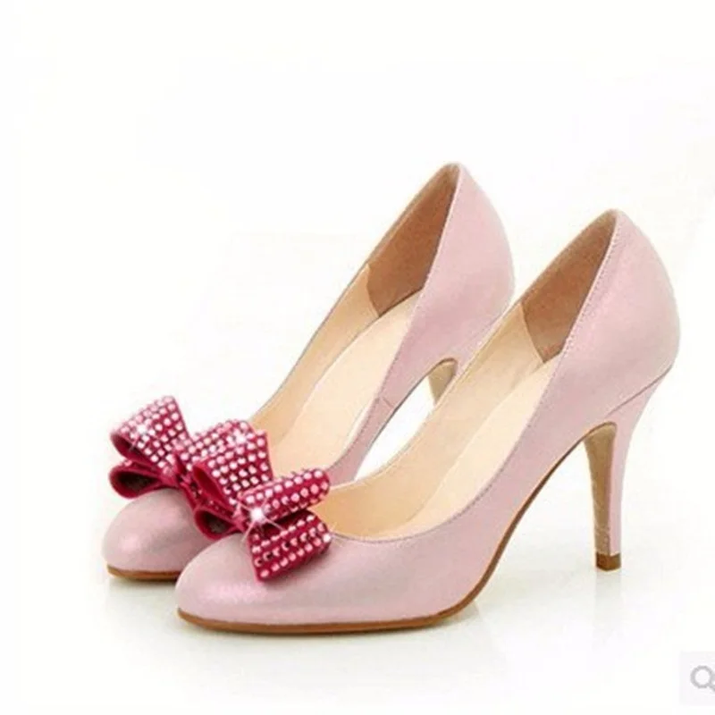 

Ladies Larger sizes(4-15)Bowtie Sexy Rhinestone Closed Round toe genuine leather Thin high heels shoes Women pumps party wedding