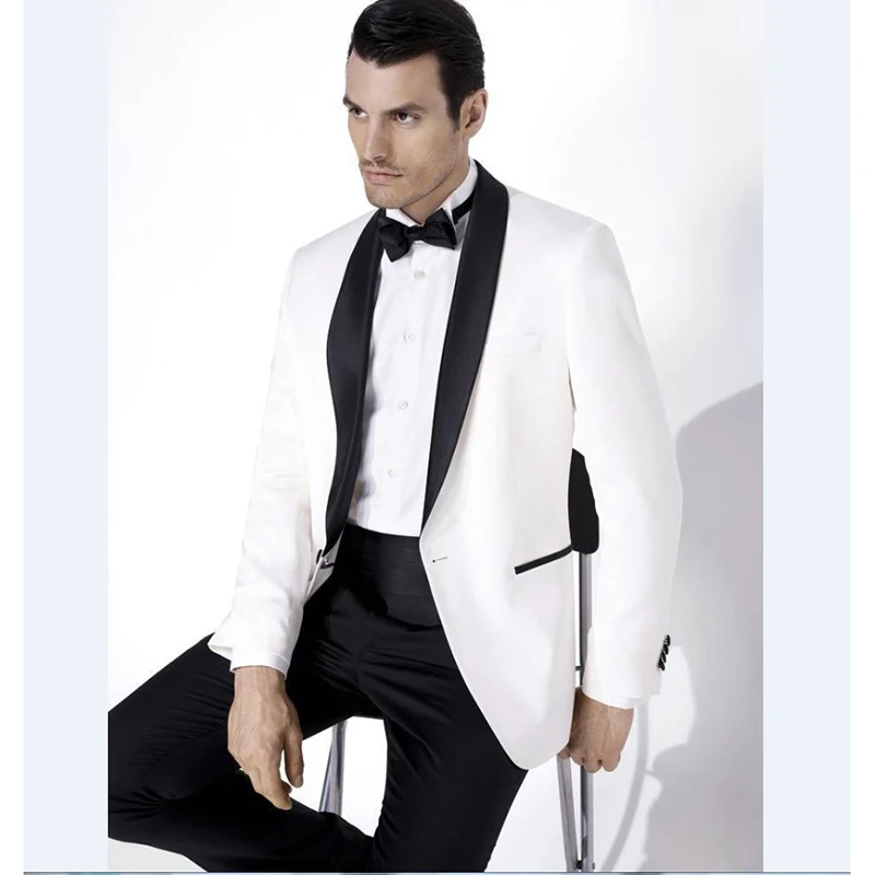 Groomsmen шаль воротник с атласными лацканами смокинг для жениха белая куртка черные брюки Мужские костюмы свадьба best человек (куртка + брюки +