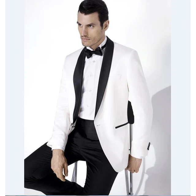 Groomsmen Shawl Satin Lapel Groom Tuxedos White Jacket Black Pants Groomsmen Shawl Satin Lapel Groom Tuxedos White Jacket Black Pants Mens Suits Wedding Best Man