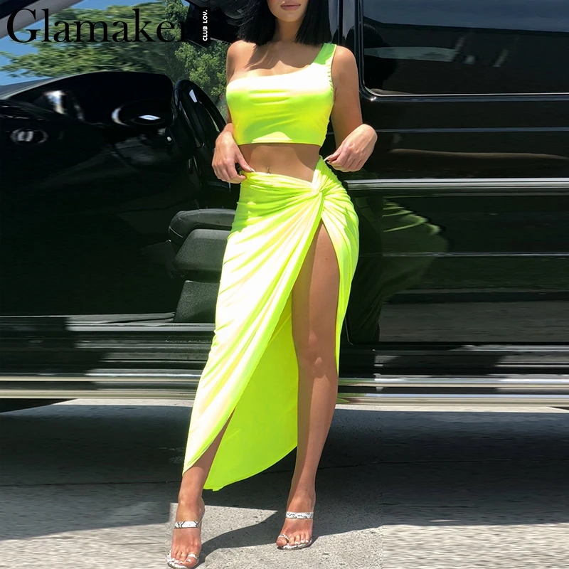 

Glamaker Fluorescence one shoulder split 2 piece bodycon dress Women bandage maxi beach dress Summer sexy club long party dress