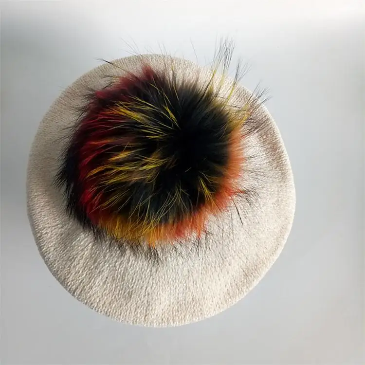 Модные женские теплые кашемировые береты из синели с большими помпонами, разноцветные шапки из натурального меха енота с помпоном, шапка тыквы для женщин - Цвет: Beige-1