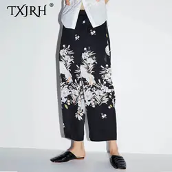 TXJRH 2019 винтажные, этнические, с цветочным принтом крана высокой талии свободные широкие брюки Модные женские длинные брюки